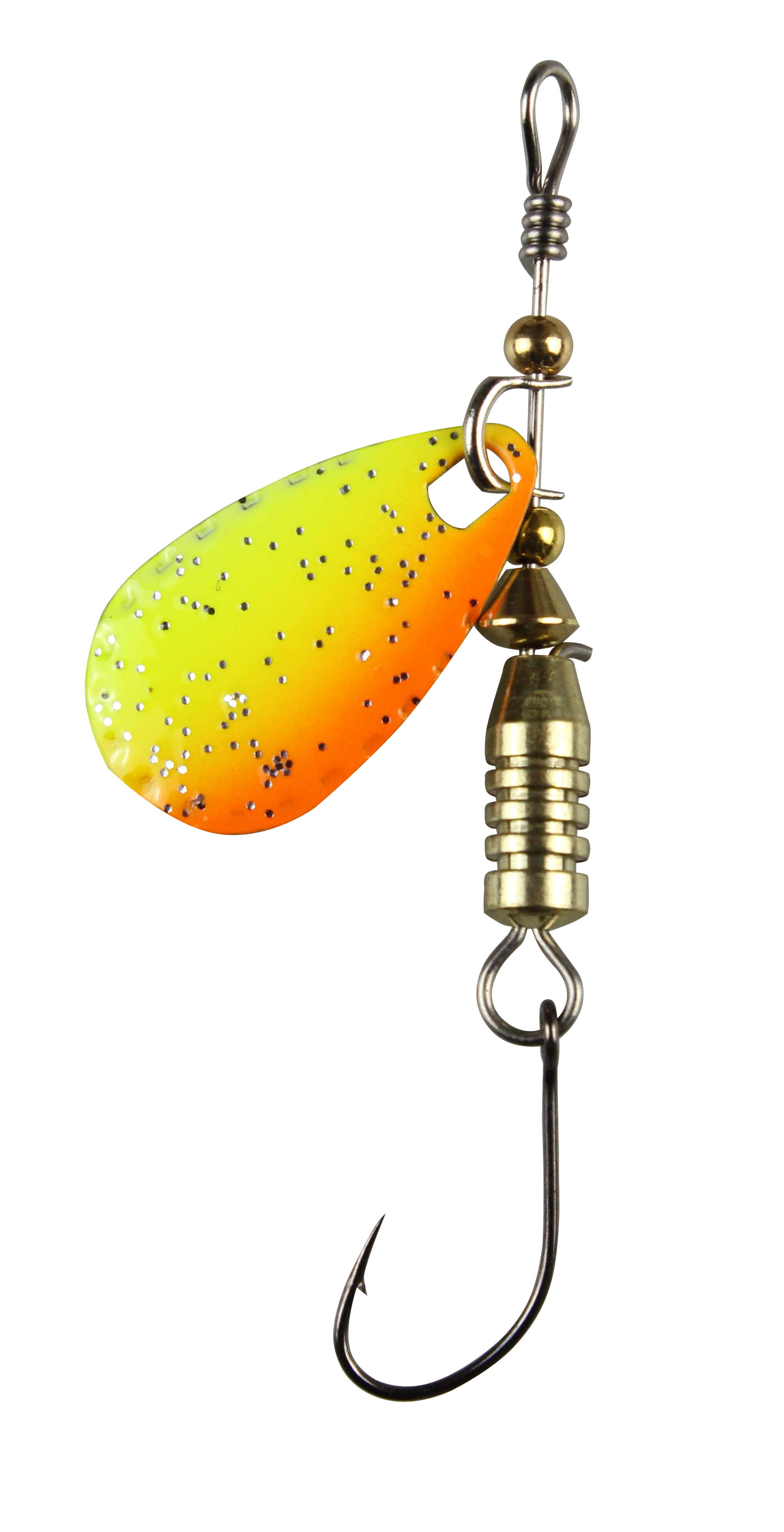 Forellen Blinker 2,5 g gelb - orange Glitter / schwarz