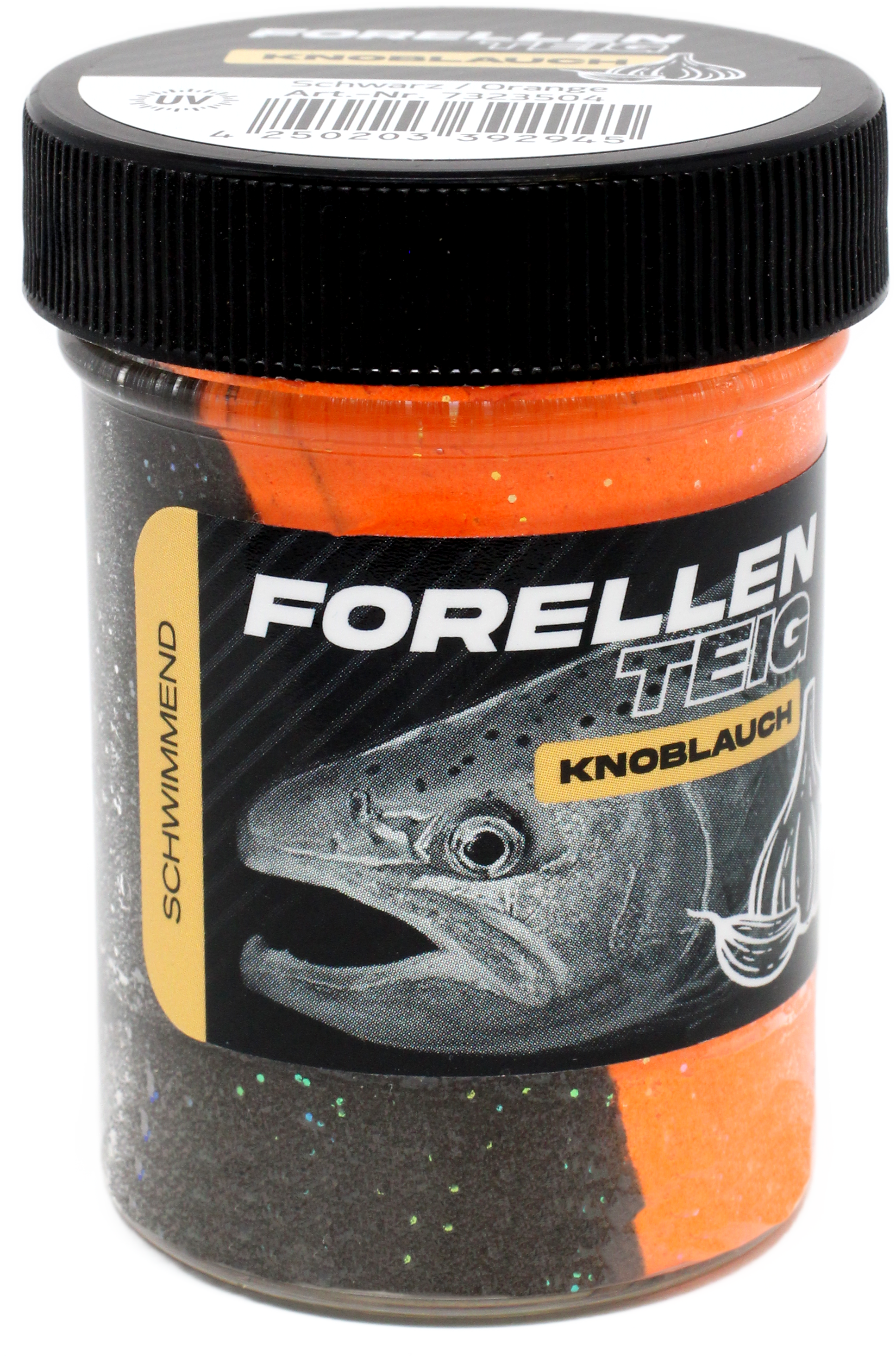 Forellenteig Knoblauch schwimmend 50 g Schwarz / Orange UV