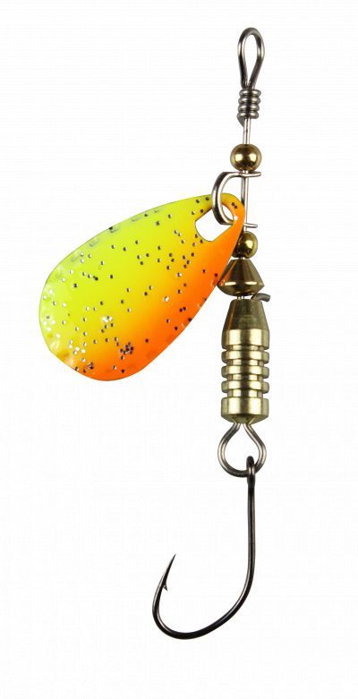 Forellen Blinker 2,5 g gelb - orange Glitter / schwarz